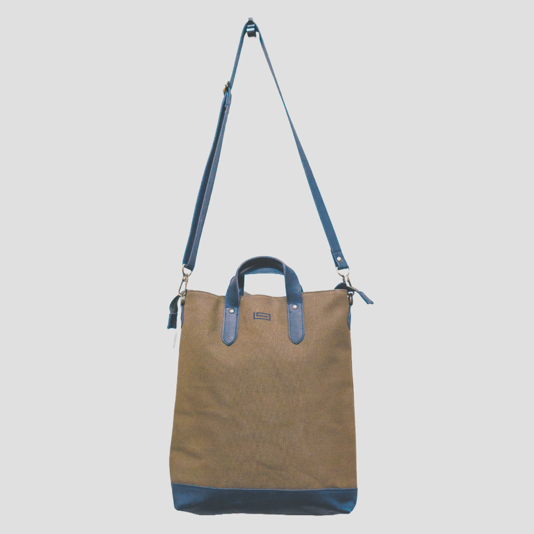 The Old Town Tote - Green Canvas Navy Leather